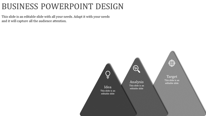 Horizontal layout with three gray triangles featuring white icons for idea, analysis, and target.