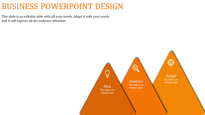 Triangular business process with three orange pyramids displaying icons for brainstorming, analysis, and goal setting.