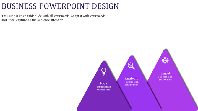 Three purple triangular shapes with white icons for idea, analysis, and target, arranged in a horizontal layout.