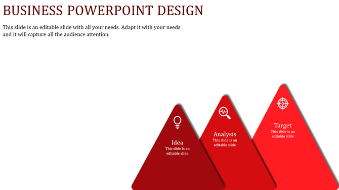 Business PowerPoint slide design with three red triangular sections labeled idea, analysis, and target, featuring icons.