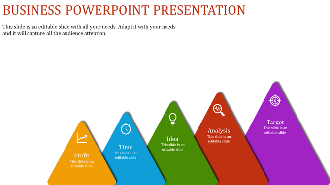 Business slide with colorful pyramid shapes in yellow, blue, green, red, and purple representing different concepts.