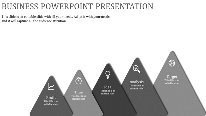 Monochrome pyramid style business infographic highlighting key factors profit, time, idea, analysis, and target.