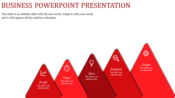 Triangular infographic design in red shades with icons and labels, arranged sequentially to depict business concepts.
