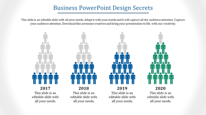 A business PowerPoint slide featuring human figures arranged in pyramid shapes for 2017 to 2020 with placeholder text.