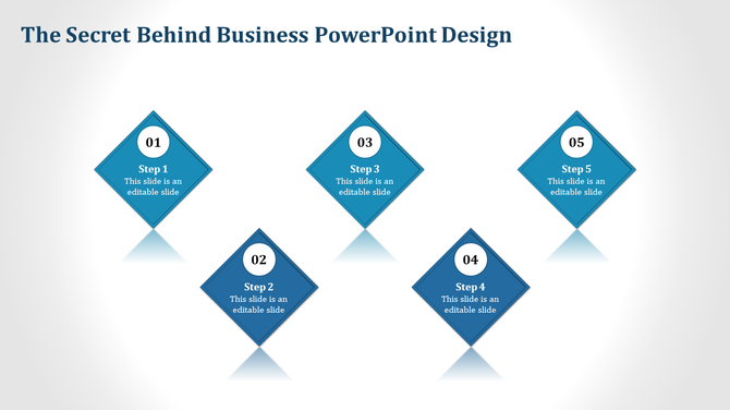 Five blue diamond shaped steps arranged in a staggered layout, labeled 01 to 05, with text.
