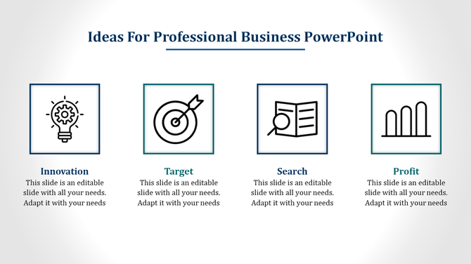 Business infographic with four sections showing icons for innovation, target, search, and profit, each in boxes with text.