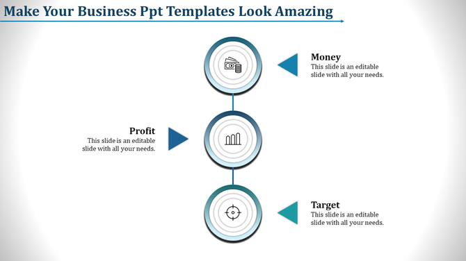 Vertical business timeline with circular nodes for money, profit, and target, connected by a straight line.