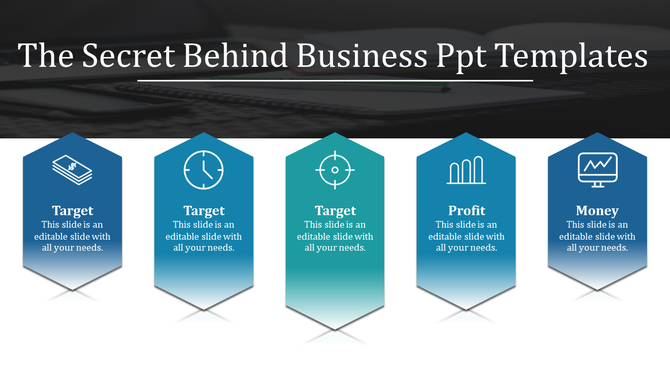 Business slide with five blue gradient hexagon banners showing icons for target, profit, and money concepts.