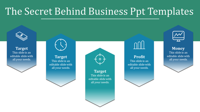 Five blue and teal hexagonal banners with business icons and text, aligned horizontally under a green header.