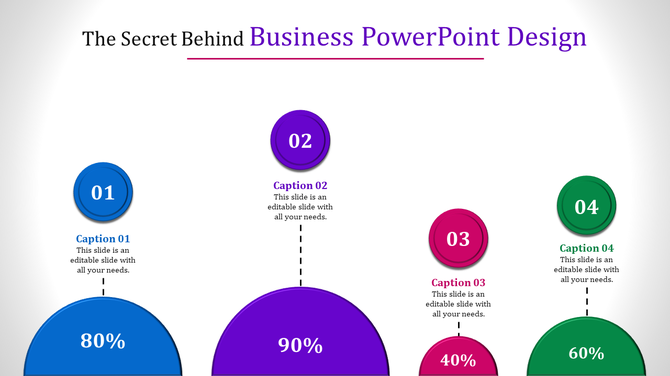 Business design with four colorful semicircles displaying percentages and captions with matching numbered circles.