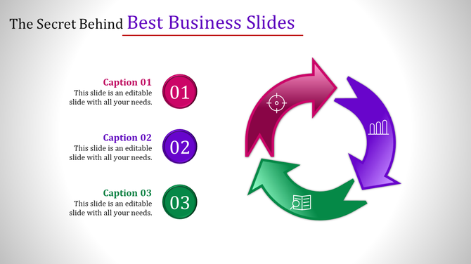 Business slide with three arrows in purple, pink, and green, representing a cyclical process with icons.