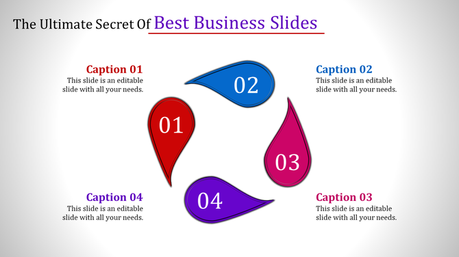 Business slide showing four colorful teardrop shapes arranged in a circle paired with captions areas.