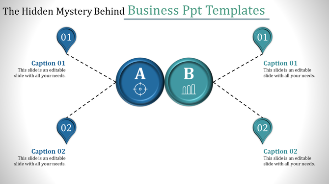 Slide with two circular nodes labeled A and B connected by dotted lines to four teardrop shaped points, with captions.