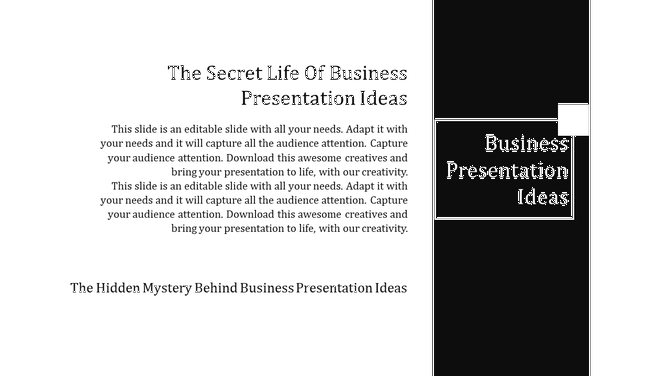 Business themed slide with a black sidebar and central white space for text content.