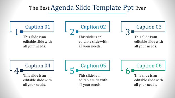 Agenda PPT slide with six numbered captions with placeholder text.