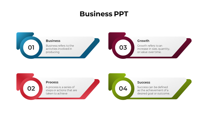 Four-step business template with numbered banners each with a colored box placed with a caption areas.