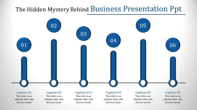 Business slide with six vertical blue bars and circular numbered icons, each with captions below for presentation steps.