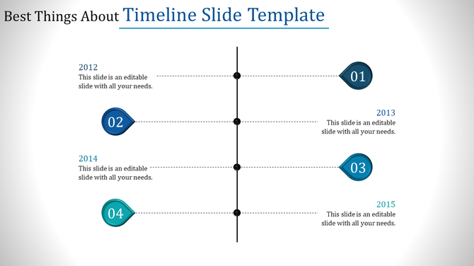PowerPoint slide with a timeline template for the years 2012 to 2015, featuring four milestones with captions.