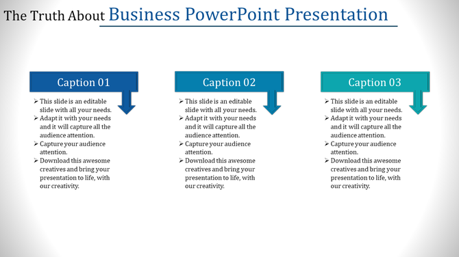 Business slide with three blue captions and bullet points about editable slide features, arranged in a horizontal row.