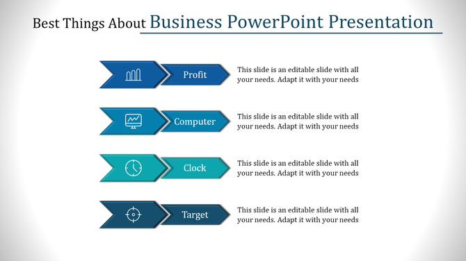 Business slide showing four blue arrow banners with icons and caption areas for profit, computer, clock, and target.