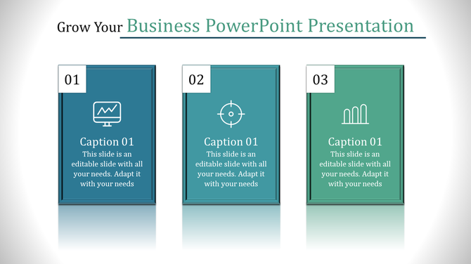 Business PowerPoint slide featuring three sections with icons for analytics, targeting, and growth.