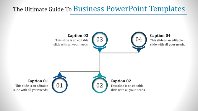 Business template with a flowchart featuring four numbered points in blue shades, connected by lines and captions.