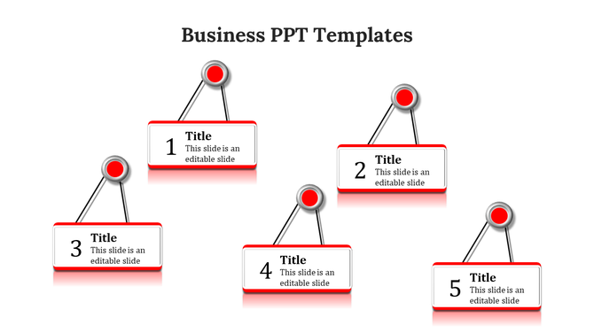Business slide featuring five suspended rectangular boxes with red circular connectors and numbered titles.