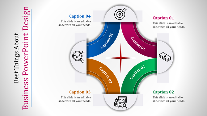 Business slide with four curved sections in red, green, blue, and orange, forming a rounded cross design.