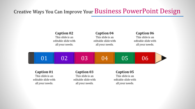Horizontal infographic of a colorful pencil divided into six numbered sections, each with captions, on a white background.