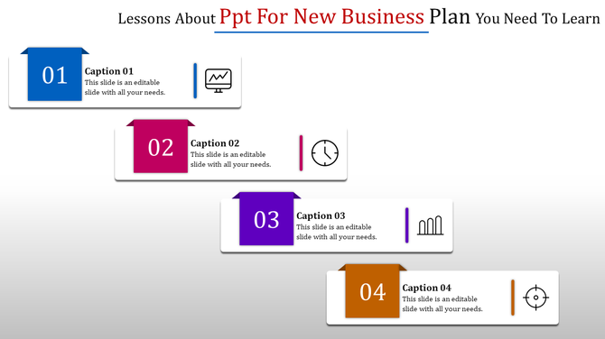A PowerPoint template with four numbered sections for a new business plan, each containing an icon and caption.