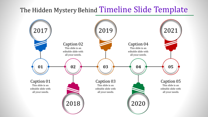 A timeline PowerPoint template with five steps, each marked by a different year from 2017 to 2021.