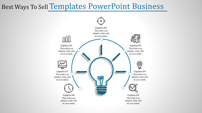 Business infographic with a central light bulb and seven captions in circular alignment, each paired with unique icons.