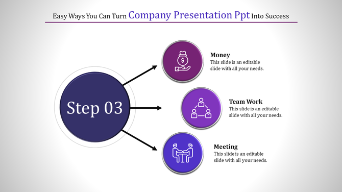 A business presentation slide highlighting Step 03 with connected icons for money, teamwork, and meetings.