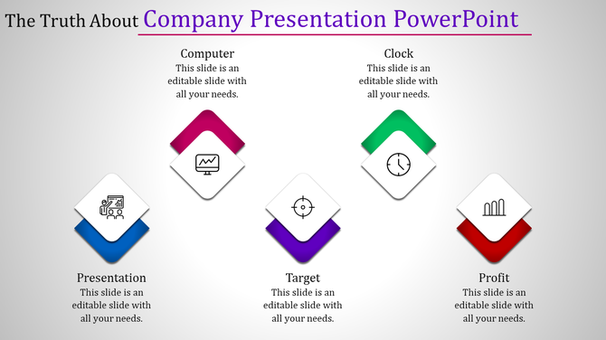 Company slide with five colorful diamond-shaped sections, each featuring a business-related icon.