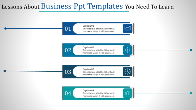 Business template timeline with four horizontal bars, numbered 01 to 04, each containing white and blue icons.