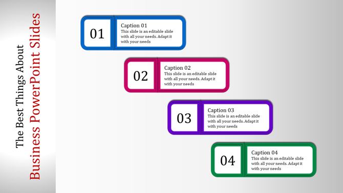 Business PowerPoint slide with colorful blocks, each with numbered captions to represent different business topics.