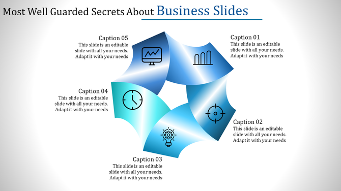 Business PPT slide with five sections forming a colorful circular flow, each containing an icon and caption.