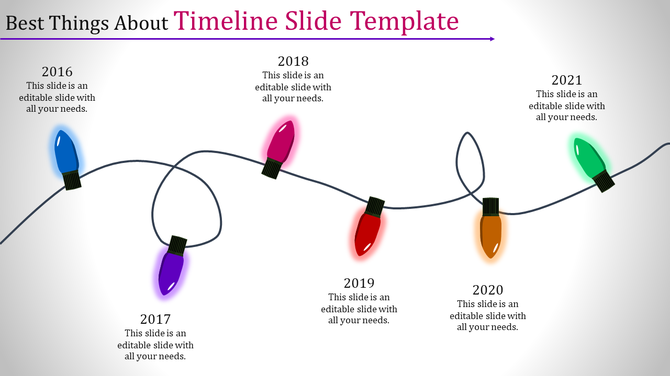 Timeline infographic with colorful lights for 2016 to 2021, connected by a curving wire on a white background.