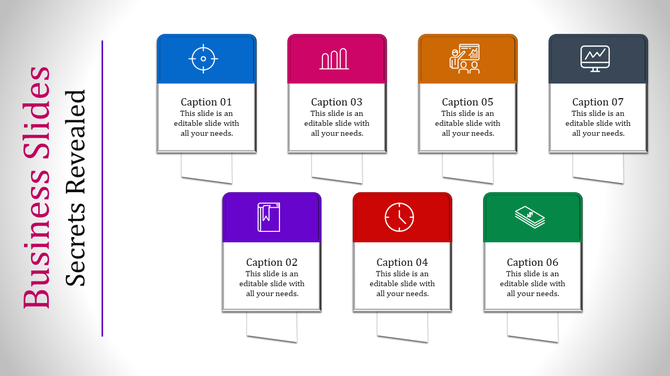 Seven colorful square blocks with icons and captions arranged in two rows, on a white background.