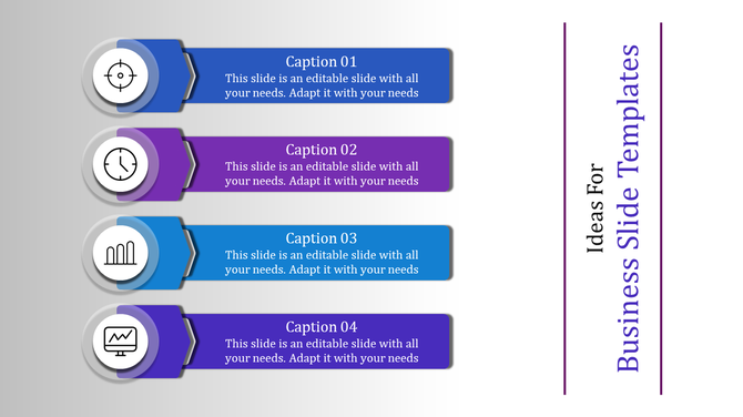 Business slide with four colorful sections featuring icons for target, clock, bar chart, and analytics with captions.