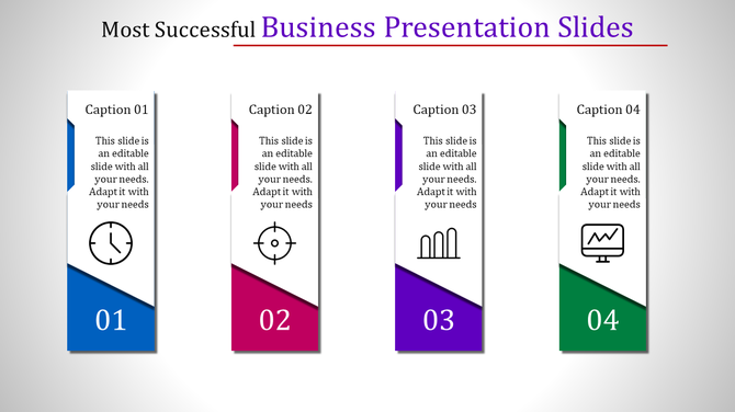 Business PPT slide with four sections, each featuring a unique color and icon with corresponding captions.