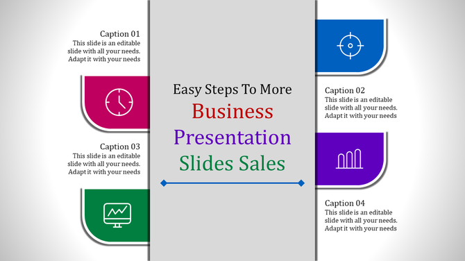 Business presentation template with four colorful sections, each with a caption and unique icons.