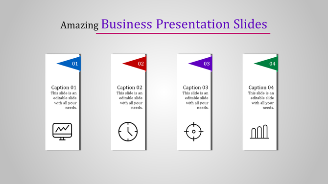 Business slide with four vertical segments, each containing a flag icon in different colors, with icons and caption areas.