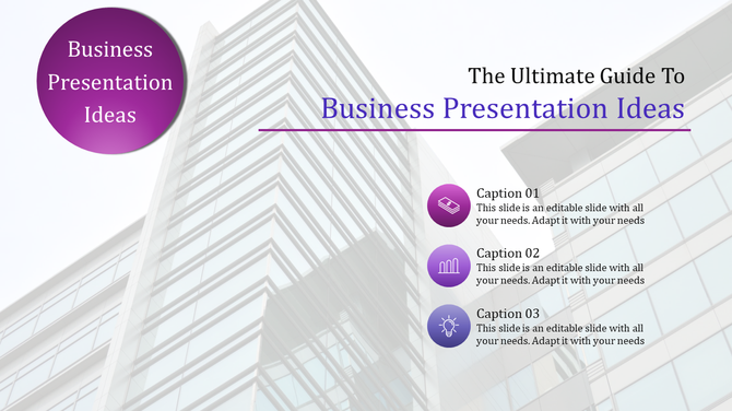 Business slide featuring a faded skyscraper backdrop, with three purple icons, and aligned captions on the right.