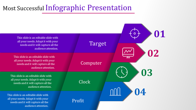 Infographic with four colorful horizontal layers, each labeled with icons and text, numbered 01 to 04 on a white background.