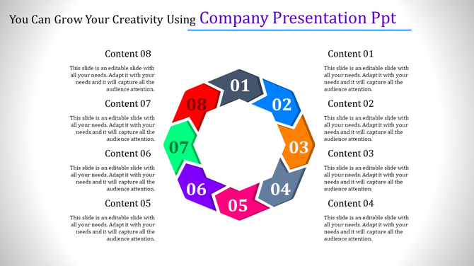 Circular company presentation design with numbered segments for content, from 01 to 08, in vibrant colors.