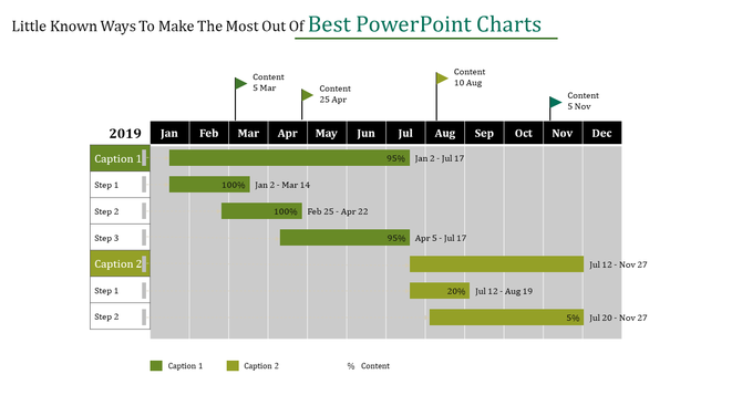 Gantt chart with green horizontal bars representing tasks and percentages, spanning from January to December 2019.