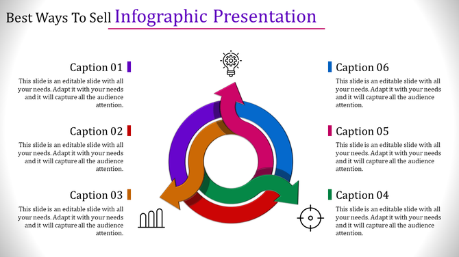 Circular infographic with  colorful arrows pointing in a cycle, surrounded by captions areas and icons