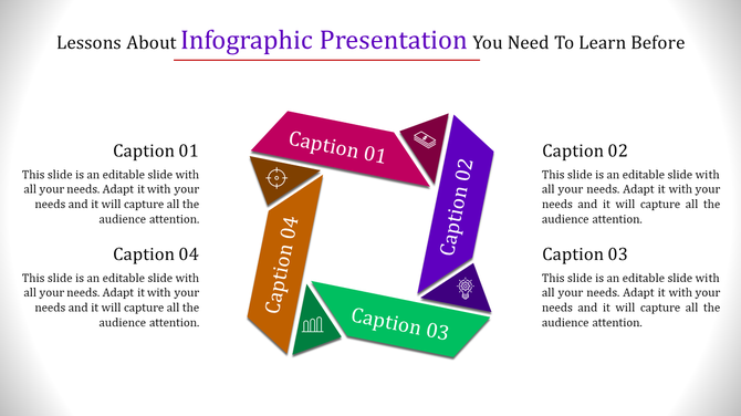 Hexagonal infographic with four colored sections in pink, purple, green, and orange, featuring icons and captions areas.