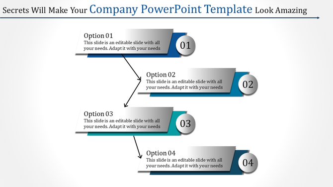 Company template infographic with sequential steps labeled 01 to 04, gray gradient banners, and connecting arrows.